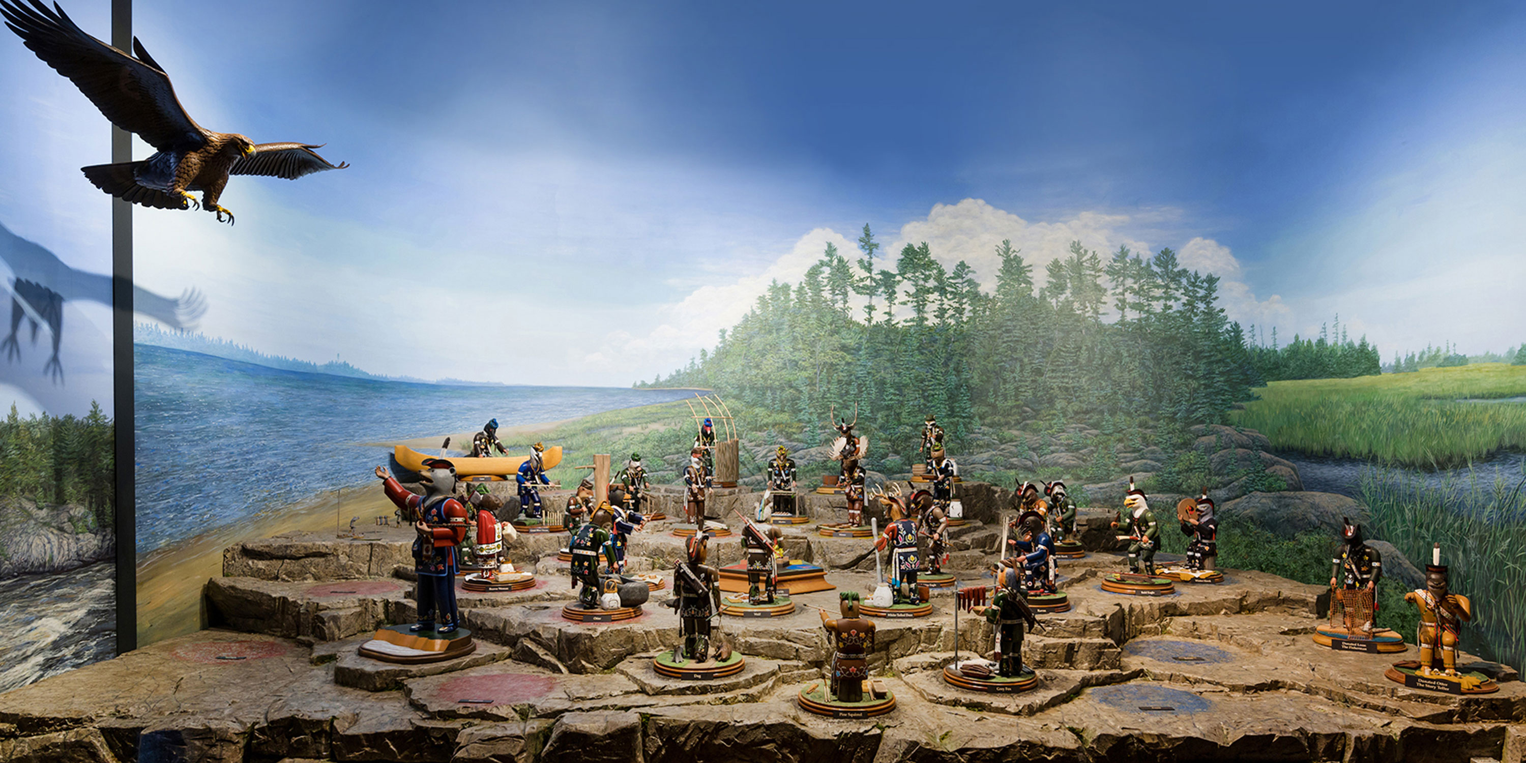 Gallery view of the hand-carved Menominee Clans Story figures