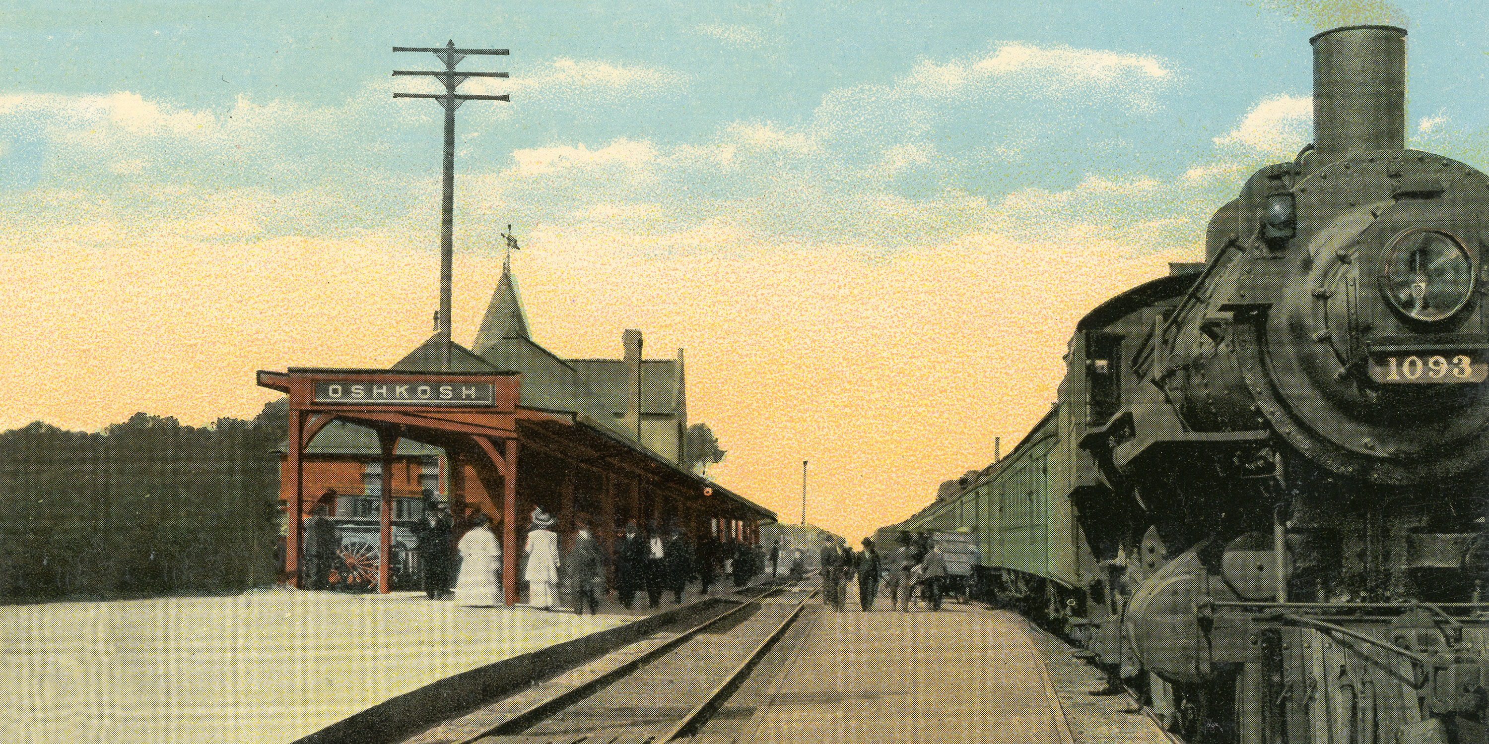 Historic postcard scene of a Rail Depot in Oshkosh