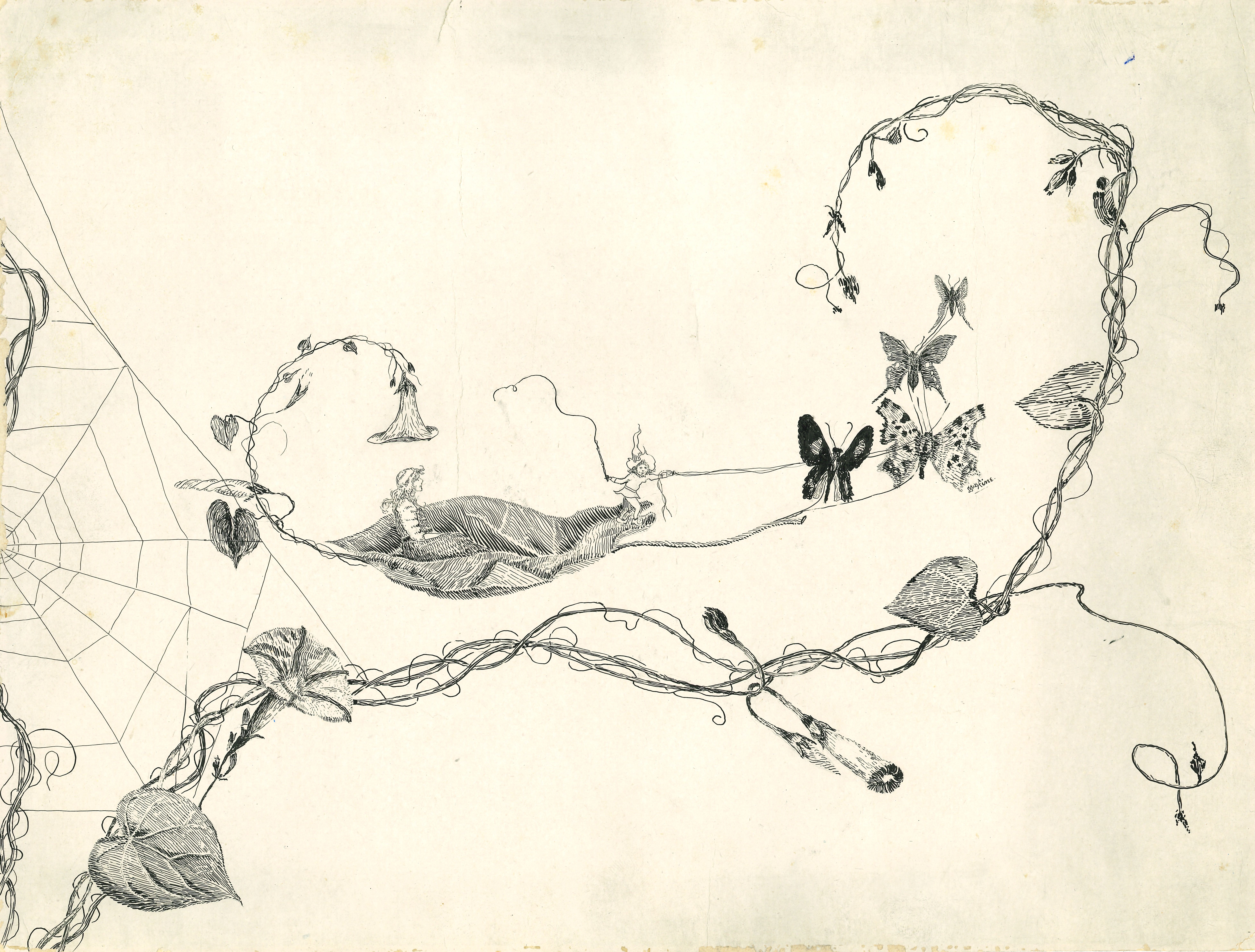 Ink drawing of fairies, butterflies, and flowers by Lewis Hine entitled "The Solution to the Aerial Problem," 1898