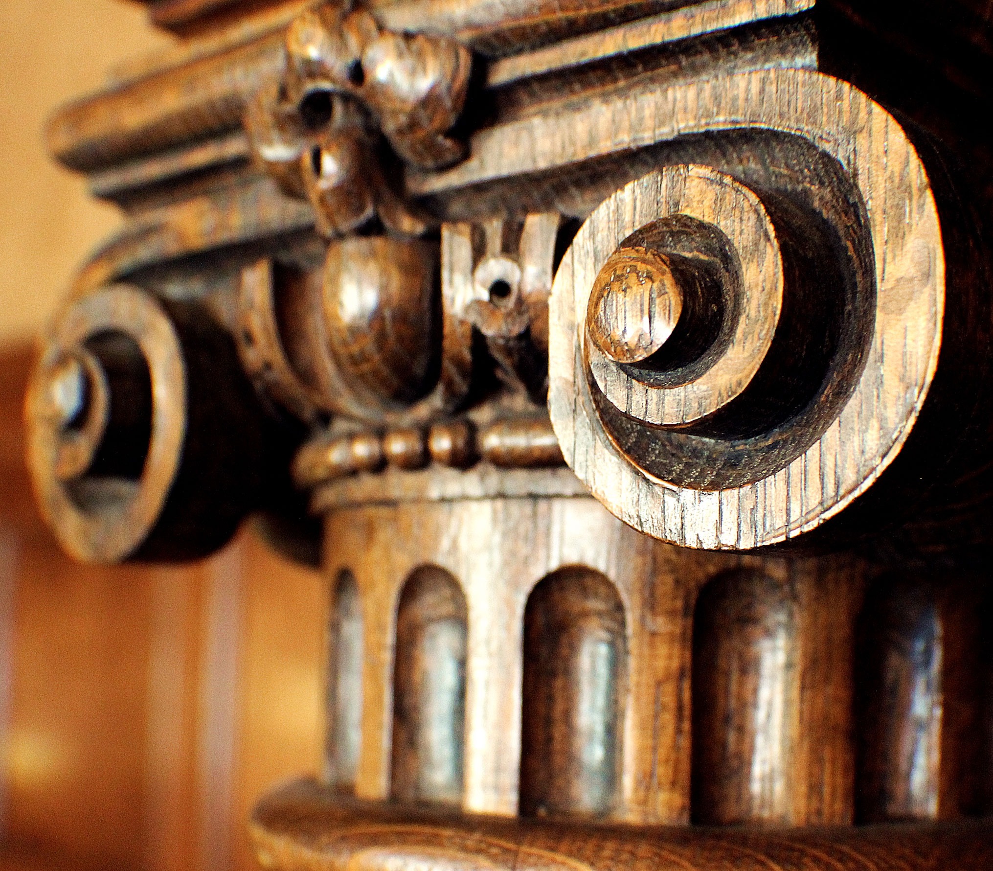 Close-up view of carved woodwork in the Historic Sawyer Home